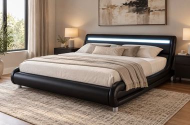 Queen LED Faux Leather Platform Bed + ZINUS Cooling Foam Mattress