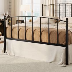 C208 $80  Queen Size Metal Platform Bed Frame, Iron-Art Headboard, Black Victorian Style, 37" Tall Footboard, Tapered Leg, Strong Support, Easy Assemb