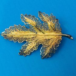 Vintage Sterling Silver Filigree Topazio Gold Vermeil Leaf Pin Portugal Signed