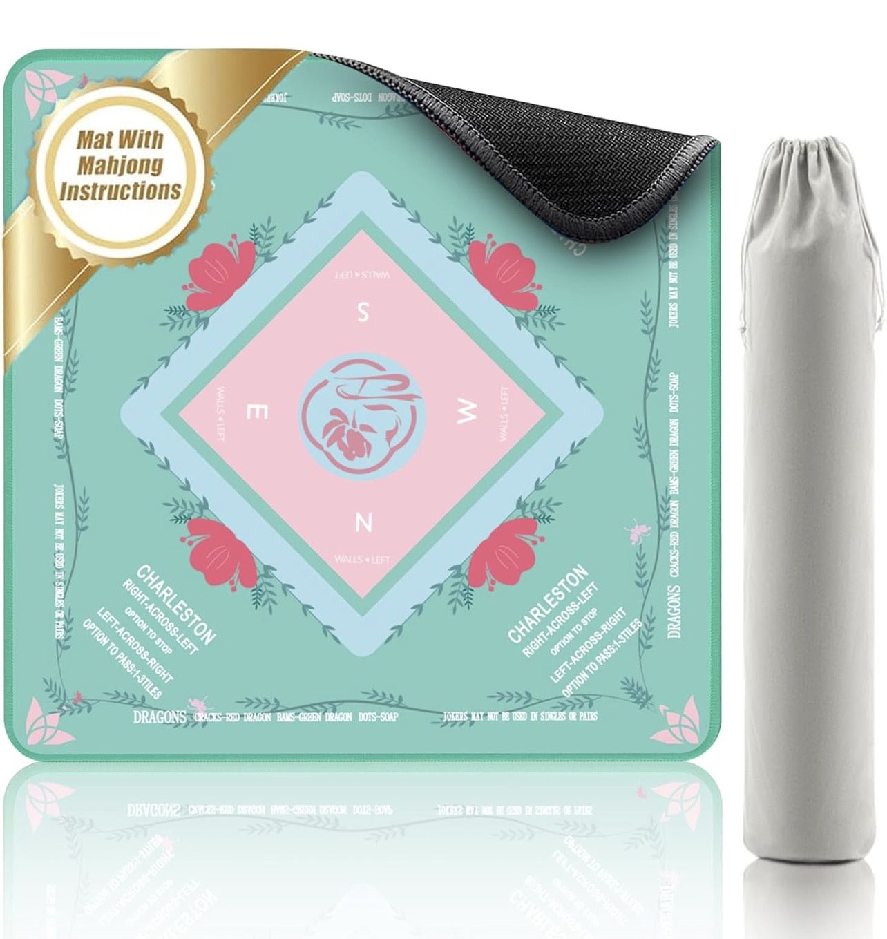 Mahjong Mat with Rules for Table - American Mahjong Set Accessory | 31.5x31.5 Inch Non-Slip, Noise Reducing Game Mat & Storage Pouch | Table Protector