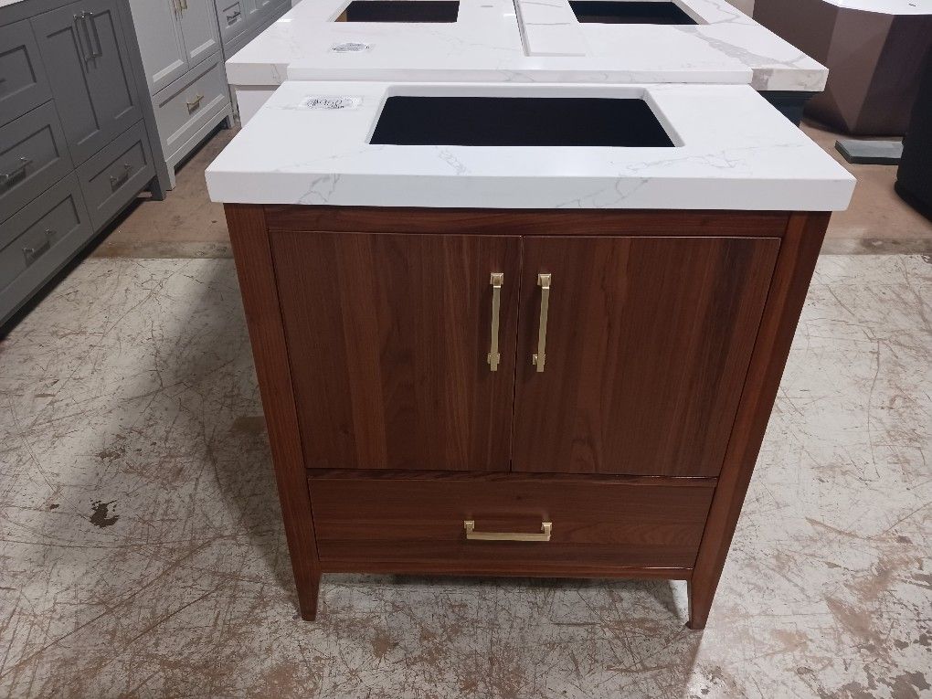 30" Solid Wood Bathroom Vanity with Quartz Top & Sink for $695