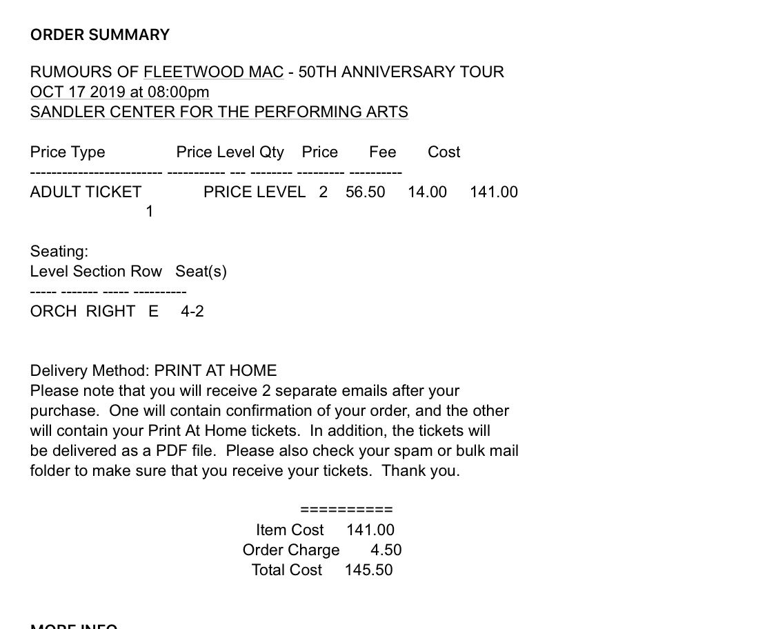 2 tickets to Rumors of Fleetwood Mac @ Sandler Center, Thurs 10.17.19
