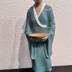 Vintage Asian Woman Holding a Bowl Statue Oriental Glazed Ceramic Figurine