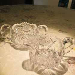 Antique Clear Pressed Cut Etched Glass Sugar Bowl and Creamer Pitcher 2 Piece