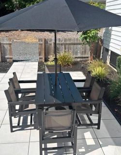 Outside black patio furniture 6 chairs 15 ft solar led umbrella