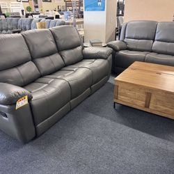 Grey Leather Match Sofa And Love Seat Recliner Set