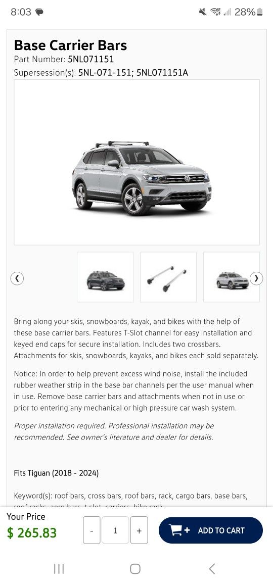 Roof Crossbars For VW Tiguan 2018-24