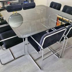 Large Vintage Dining/Conference Table & Chair Set (8 Seats) with Smoketop Glass