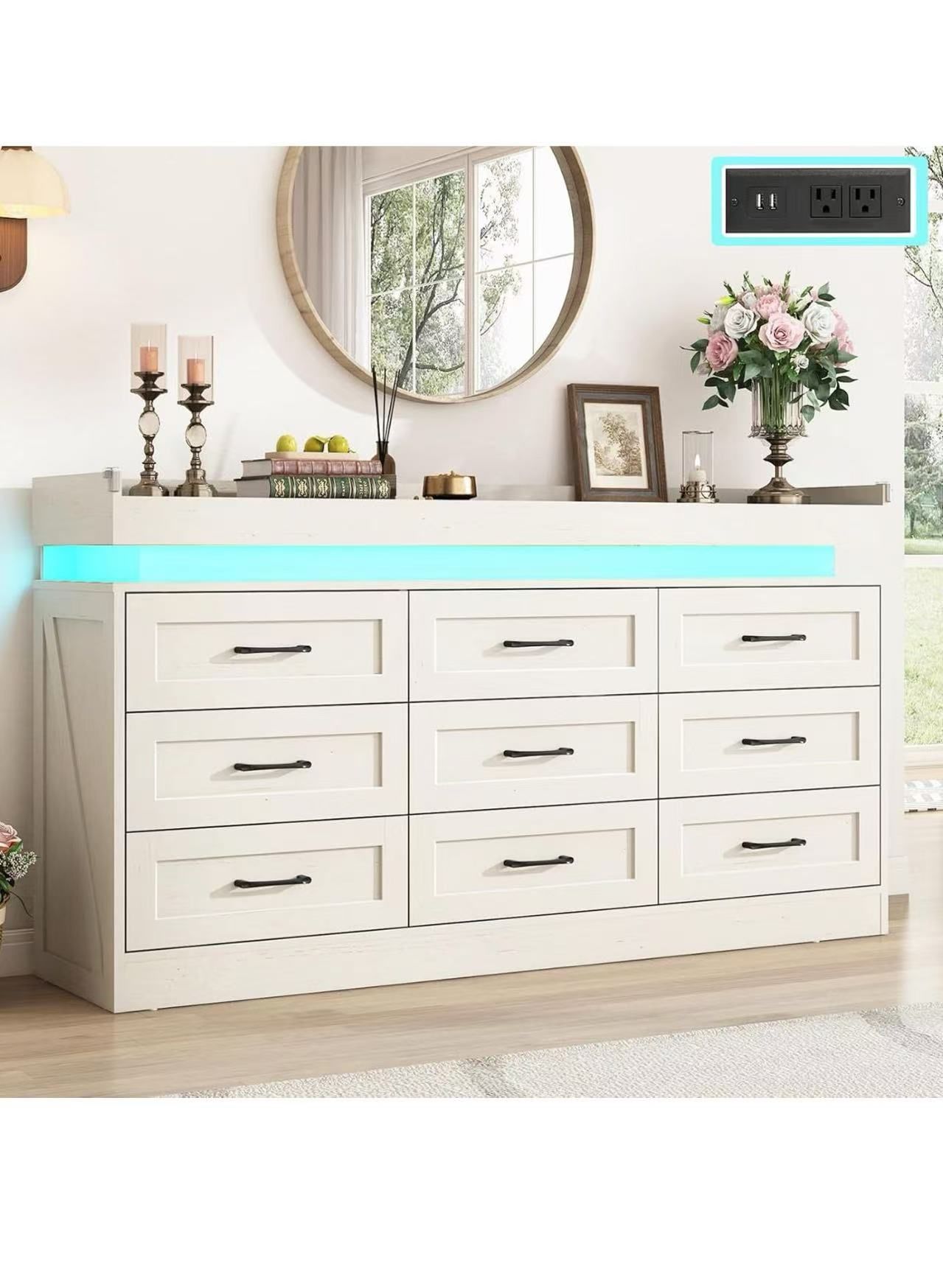 ❤️Large Farmhouse 9 Drawers Dresser for Bedroom with LED Light and Power Outlets,