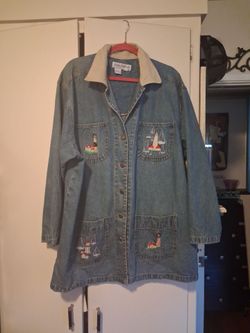 XL Denim coat , has lighthouses and boat applique