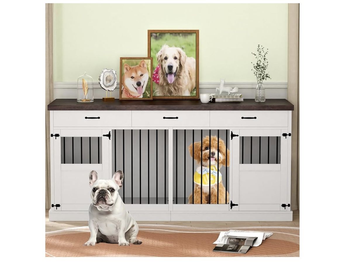  71 inches Double Furniture Style Dog Crate with 3 Drawers Indoor Wooden Dog Kennel Furniture with Removable Divider Extra Large TV Stand Table