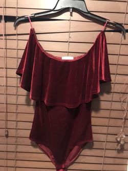 Burgundy velvet shoulder bodysuit