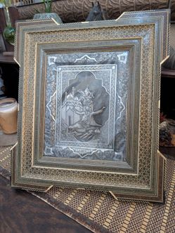 Vintage Antique Persian Khatamkari Frame with Ghalamzani Art