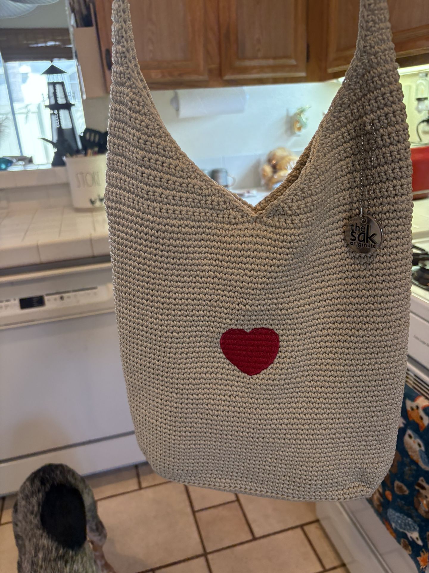THE SAK Tan Khaki Brown Knit Crochet Shoulder Bag Hobo With Heart 