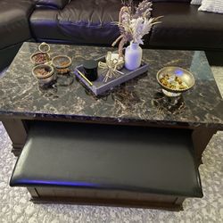 Square Marble-Top Lift Coffee Table with Hidden Ottoman Bench – Dark Wood 
