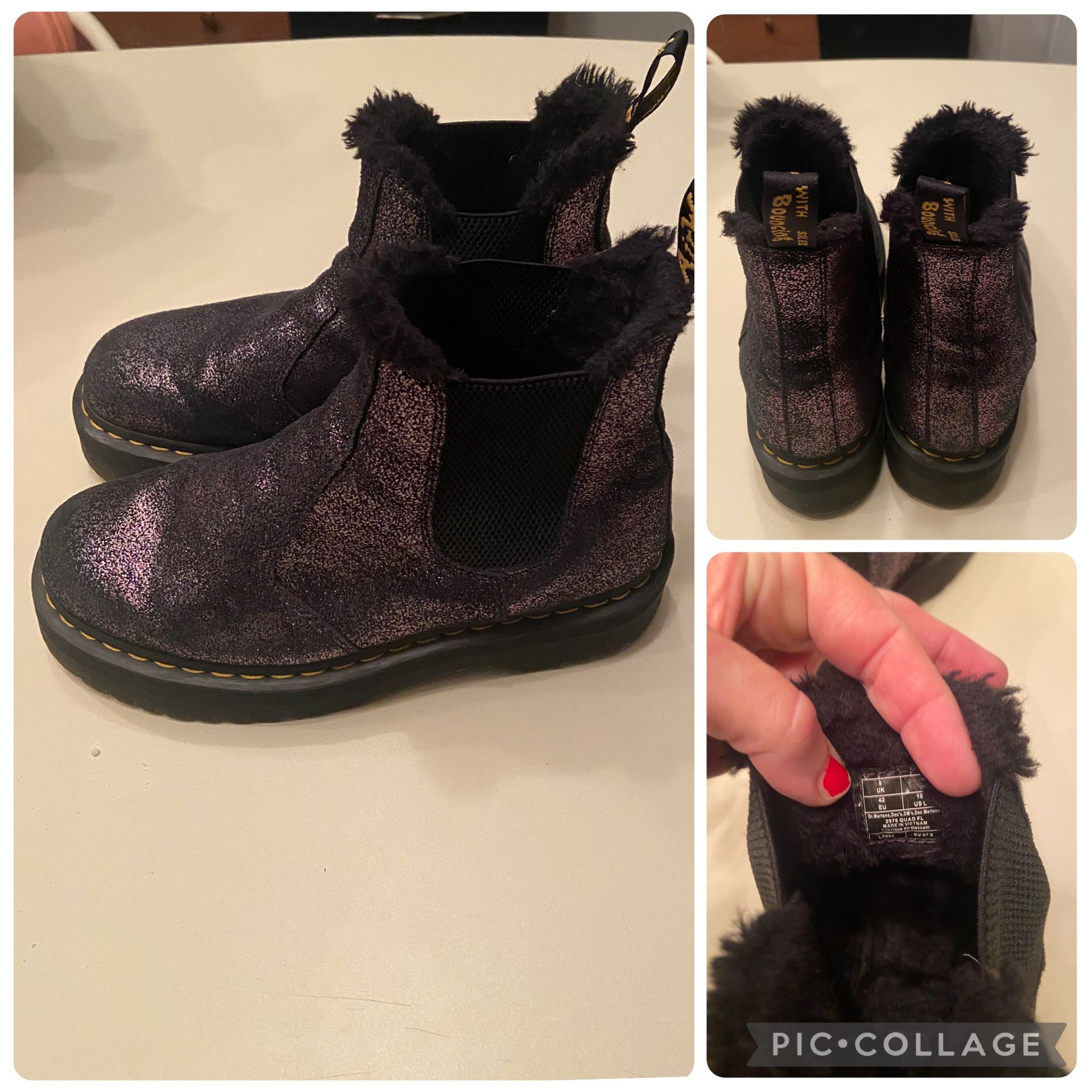 Dr. Martens 2976 Faux Fur-Lined Metallic Platform Chelsea Boots Sz 10