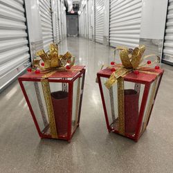 2 Christmas Red & Gold Lanterns With LED Candles