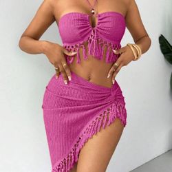 2pcs Fringed Textured Knit Halter Neck Set