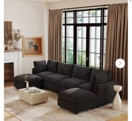 6-Piece Black Modular Sectional Sofa Chenille Living Room Set, Extra-Wide Seating, Removable Washable Covers
