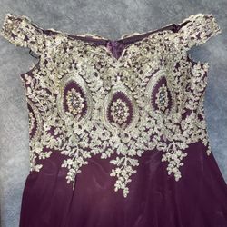 Beautiful Purple And Gold Off Shoulder Dress Size 16