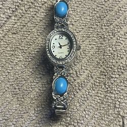 Vintage Blue Oval Beads Silver Tone Unique Watch