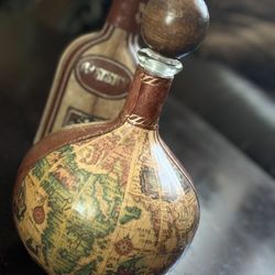 Green Glass Decanter. Wrapped In Leather. Map Of The Old World Italy . 10.5”