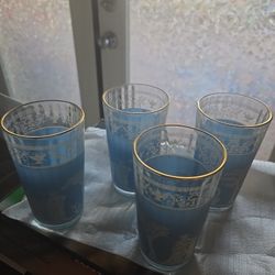 Vintage Blue Gold Rim Glasses Set of 4