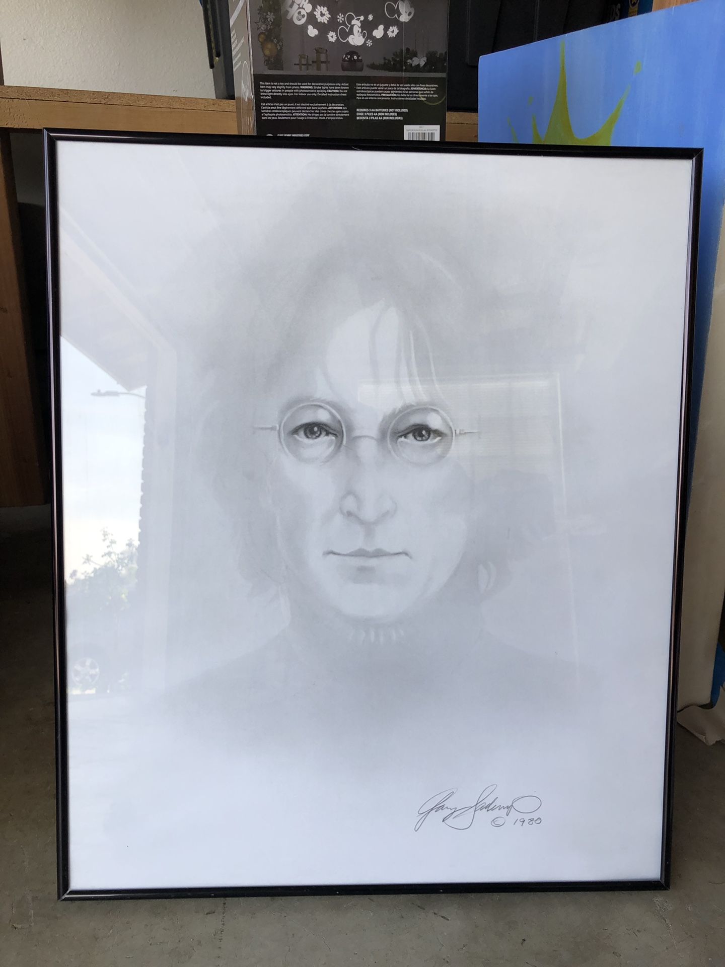 Framed charcoal portrait John Lennon