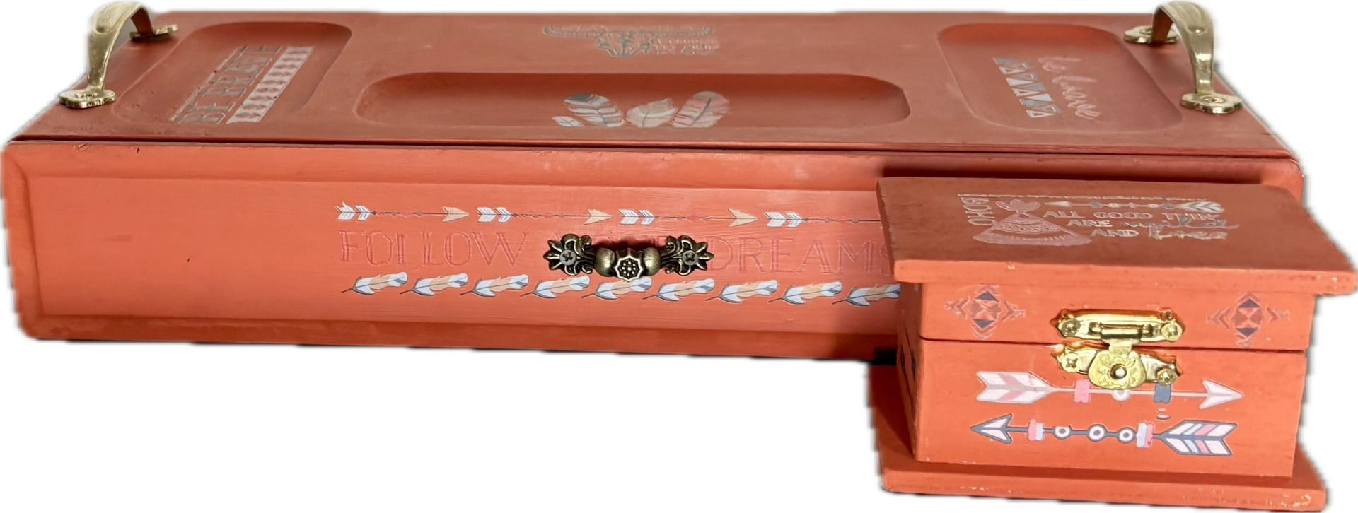 Painted Vintage Terracotta Color Jewelry Box With Bonus Trinket Box