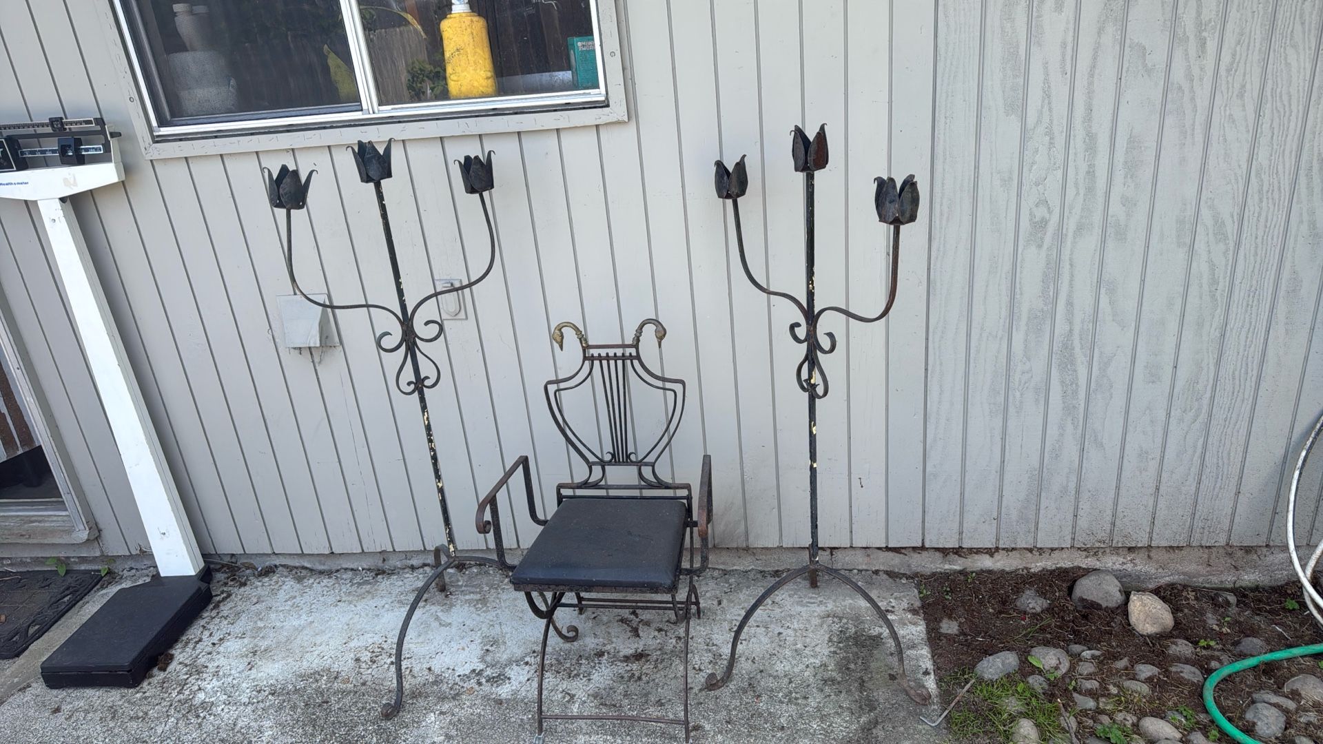 Antique Wrought Iron And Brass Folding Chair And Candelabras