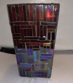 Red glass mosaic vase and 5 candle holders