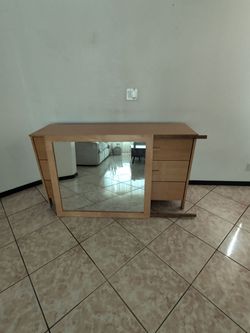 Wooden Vanity Desk with Mirror and Drawers