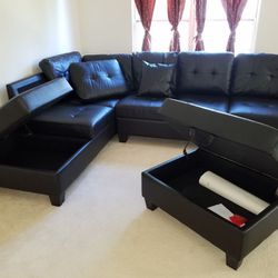 Brand New Black Leather Storage Sectional + Ottoman 