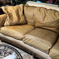 Solid Golden Tan Leather/Wood Sofa Nail Heads