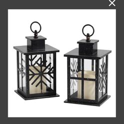 Back WON  Photo 1 of 11 High ABS and Glass Decorative Hanging Lanterns, Set of 2 - Black Lanterns with LED Flickering Candles, 6-Hour Timer, Battery P