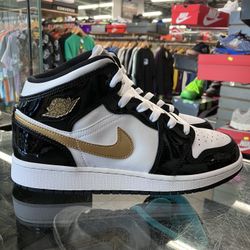 Women’s Air Jordan 1 Mid Patent Black White Gold