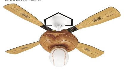 Hunter 23252 Baseball 44-Inch Single Light 4-Blade Ceiling Fan, Leather-Look Mitt Base with 4 Pine/Aluminum Blades and Baseball Light