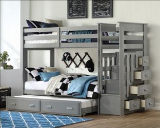 Brand New Grey Twin Size Bunk Bed w Staircase + Trundle Bed