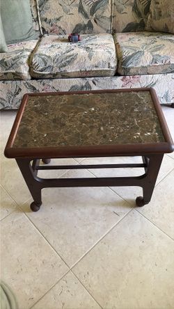 Vintage Mid-Century Solid Wood Rolling Side Table with Genuine Marble Top