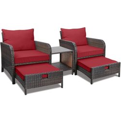 Balcony Furniture 5 Piece Patio Conversation Set, PE Wicker Rattan Outdoor Lounge Chairs with Soft Cushions 2 Ottoman&Glass Table for Porch, Lawn-Brow