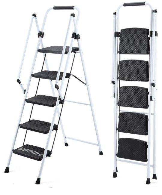  Step Ladder, Folding Step Stool with Wide Anti-Slip Pedal, Sturdy Steel Ladder with Safety Anti Slip Handle, Lightweight, Portable Steel Step Stool