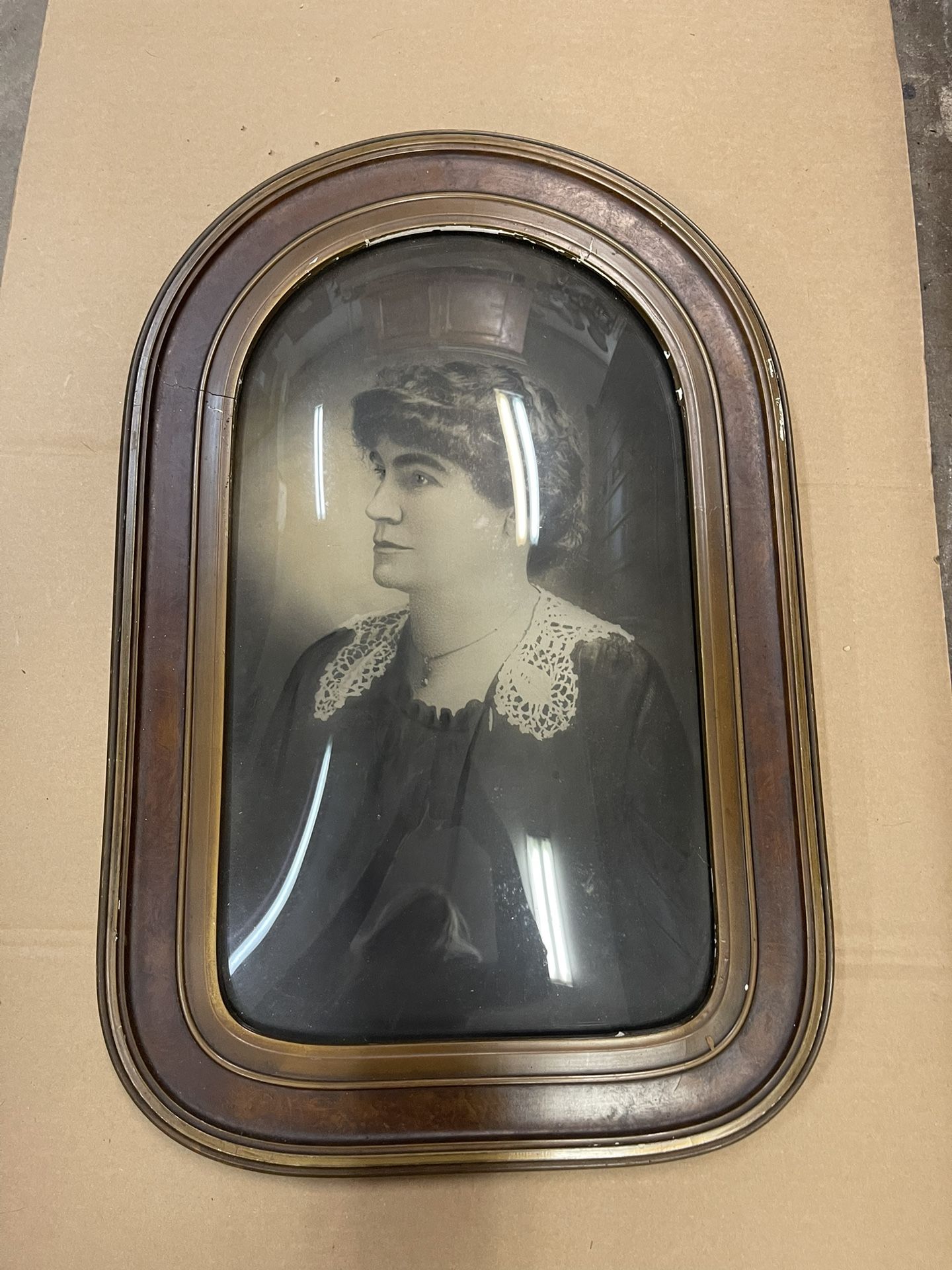 Antique Convex Curved Bubble Glass Picture Frame With Portrait Of Woman