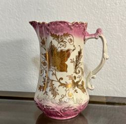 Antique Hand Painted Grandmacore Porcelain Pitcher | Pink & Gold Floral Ewer | Fine China