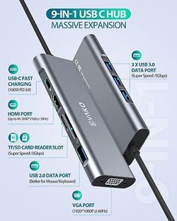 Vako Multiport USB-C-Hub-Adapter 9 in 1 HDMI VGA SD Card inc Micro USB 3.0 2.0