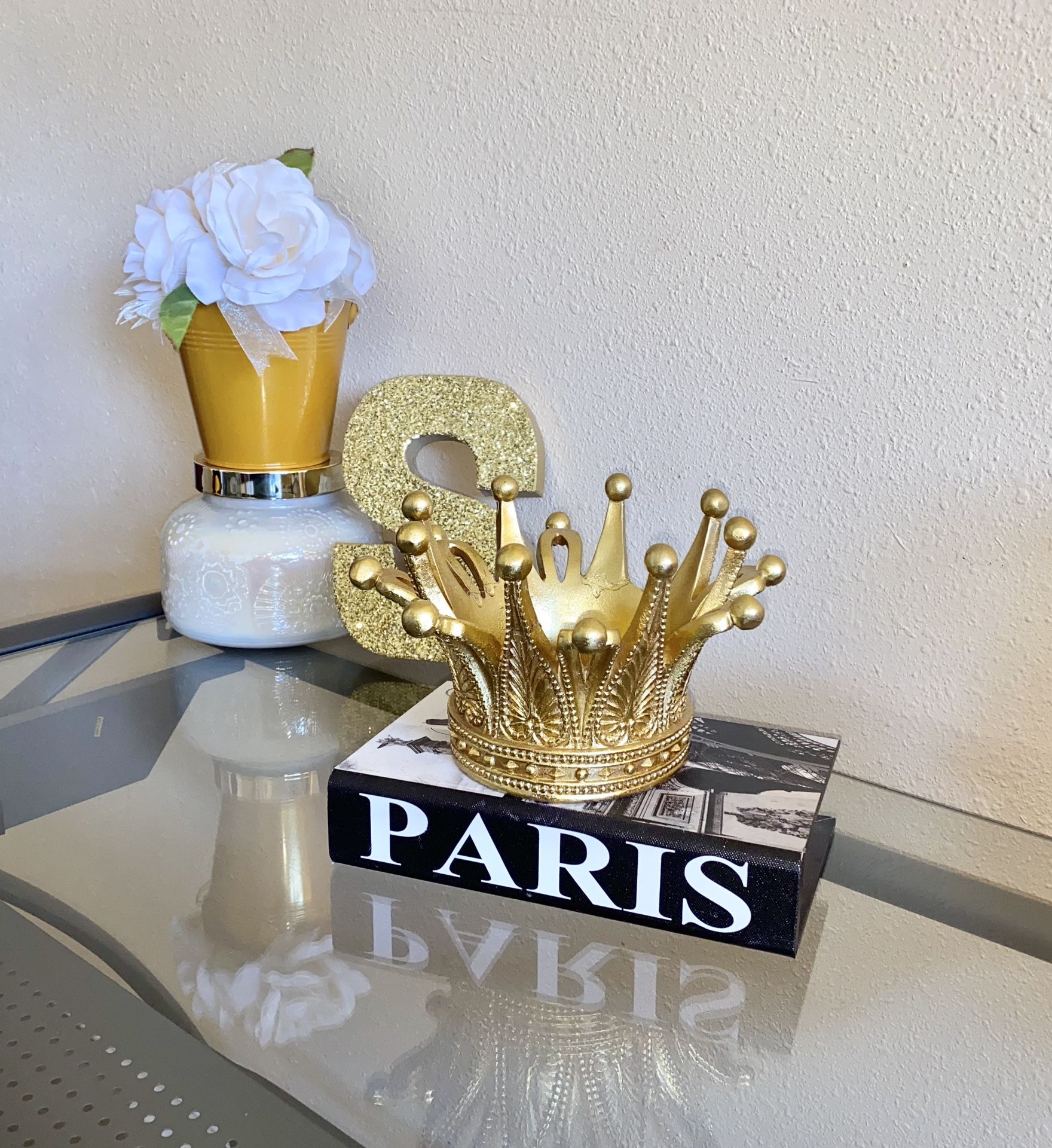 Paris wooden storage book & gold candle holder crown