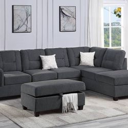 Brand New Charcoal Reversible Sectional Sofa With Storage Ottoman 