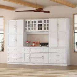 Modular Kitchen Storage Cabinet Full Wall Pantry Cabinet with 13 Shelves 11 Drawers and Glass Doors for Kitchen Dining Room white $399