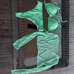 New 3 Pce  NEON GREEN 💚 BATHING SUIT ( SHEER TOP) SET IS SIZE L.  SEE PHOTOS.  CASH PICKUP ONLY 