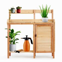 Outdoor Wooden Potting Bench Table with Sink, Garden Table Work Bench with Storage, Workstation for Outside Patio Lawn