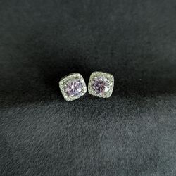 S925 Halo Stud Earrings with Purple Stone